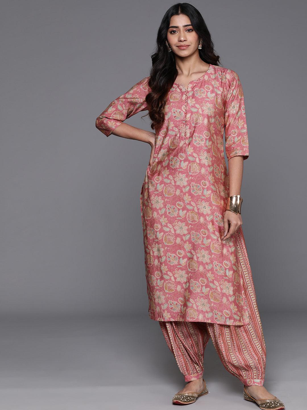 Peach Printed Silk Blend Straight Kurta With Salwar - Jashvi