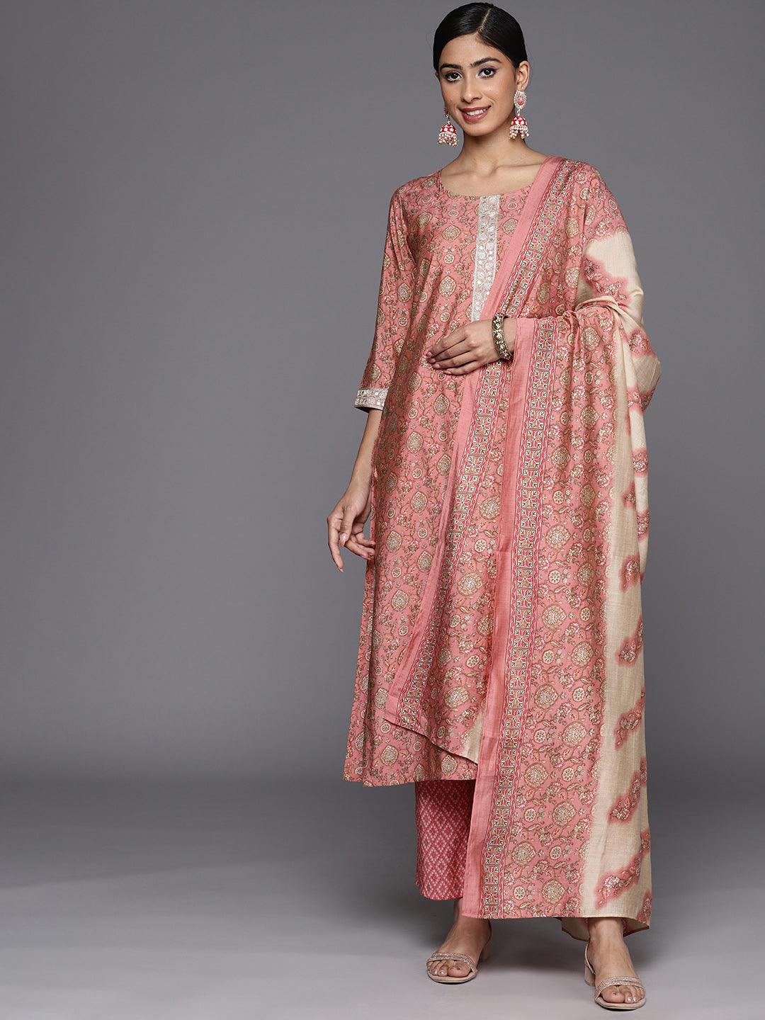 Peach Printed Silk Blend Straight Suit Set With Trousers - Jashvi