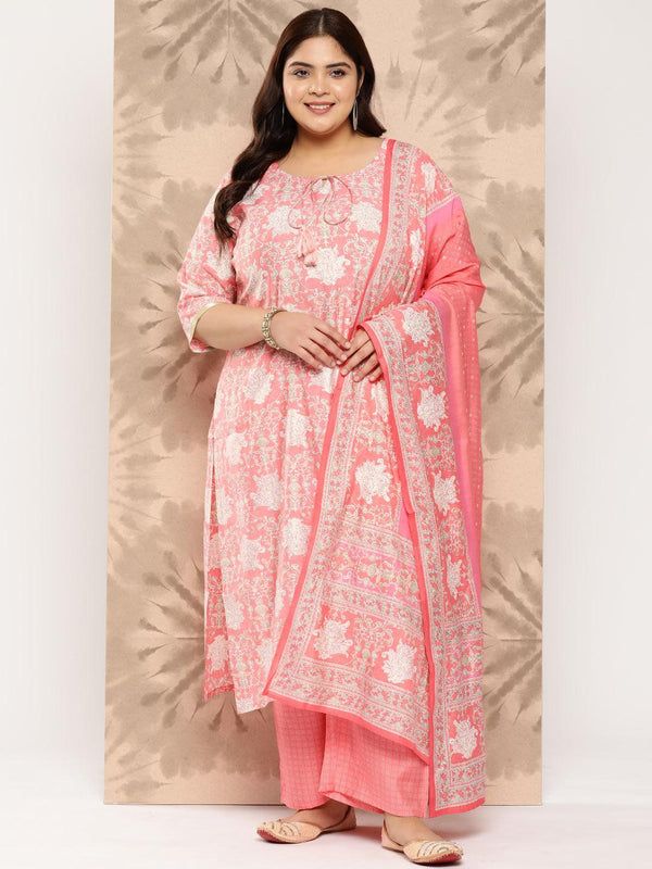 Peach Printed Silk Blend Straight Kurta With Trousers and Dupatta - Jashvi