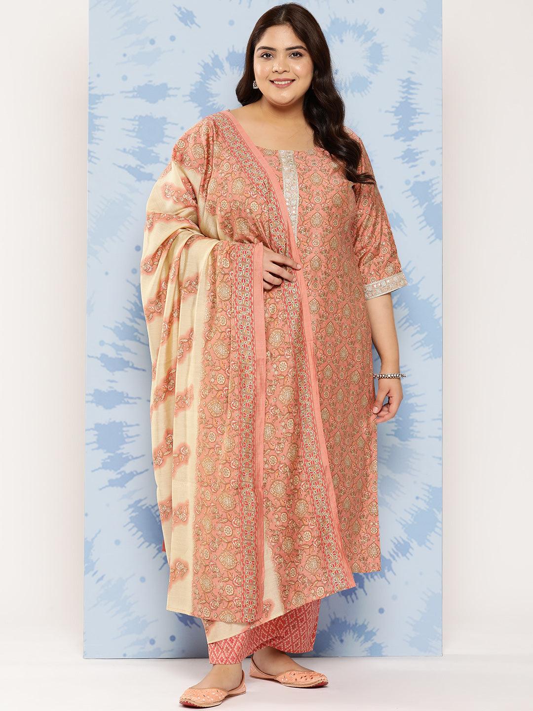 Peach Printed Silk Blend Straight Kurta With Trousers and Dupatta - Jashvi