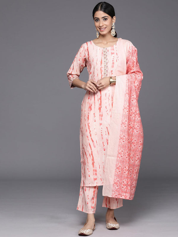 Peach Printed Silk Blend Straight Kurta With Trousers & Dupatta - Jashvi