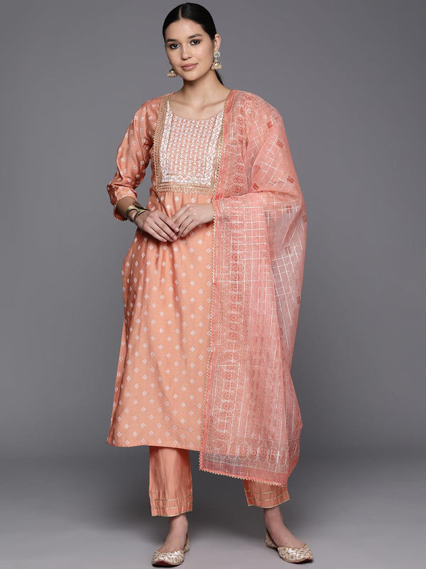 Peach Printed Silk Blend Straight Kurta With Trousers & Dupatta - Jashvi