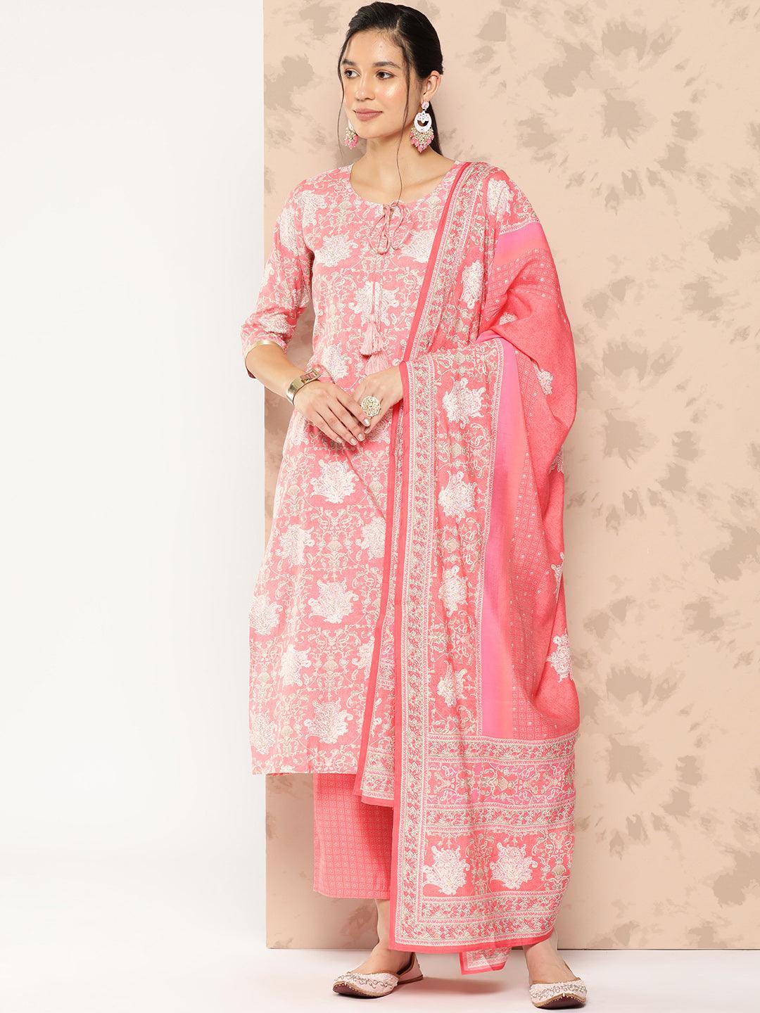 Peach Printed Silk Blend Straight Kurta With Trousers and Dupatta - Jashvi