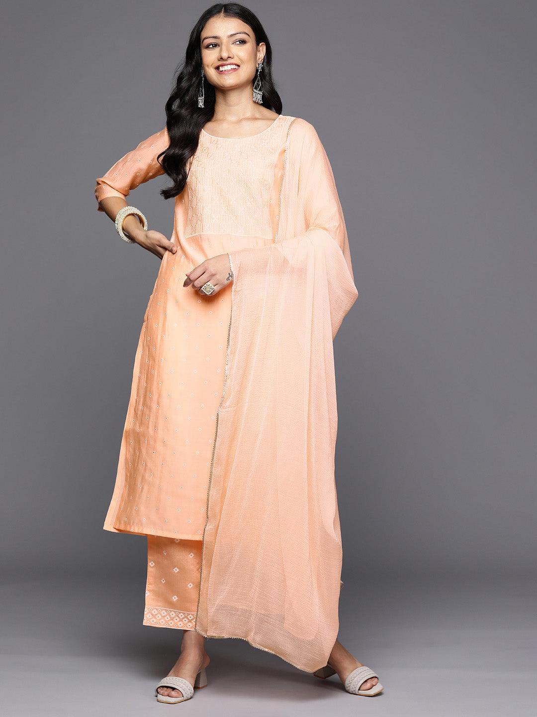 Peach Printed Silk Blend Straight Kurta With Trousers & Dupatta - Jashvi