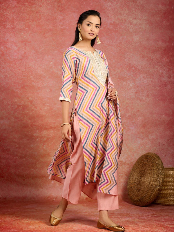 Peach Printed Silk Blend Straight Kurta With Trousers & Dupatta - Jashvi