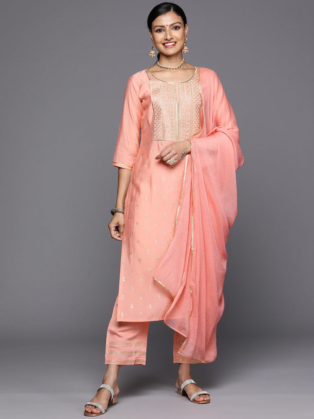 Peach Printed Silk Blend Straight Kurta With Trousers & Dupatta - Jashvi