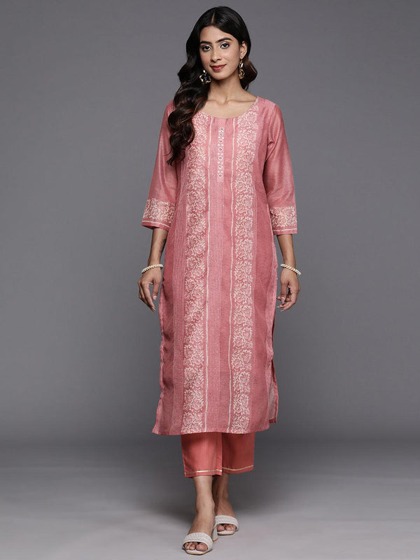 Peach Printed Silk Blend Straight Kurta With Trousers - Jashvi