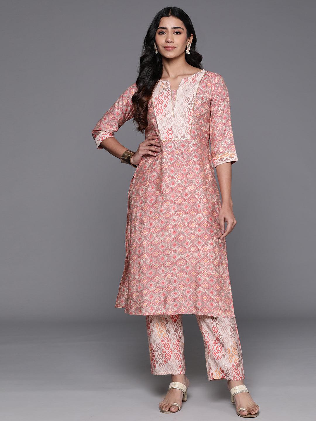 Peach Printed Silk Blend Straight Kurta With Trousers - Jashvi