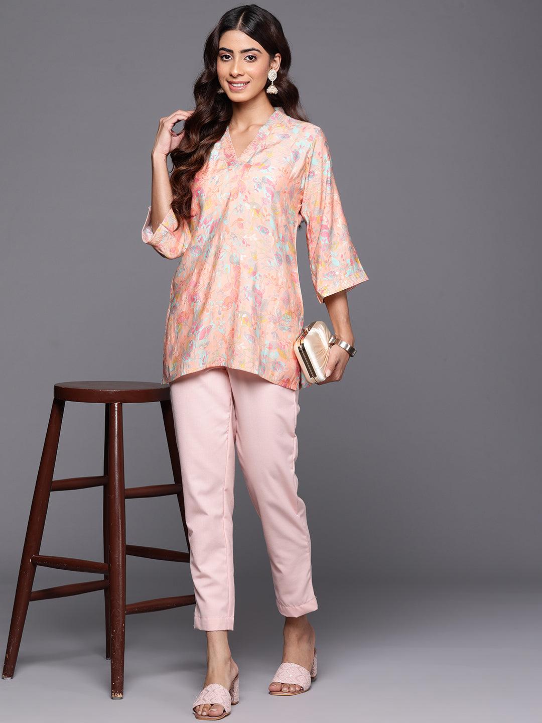 Peach Printed Silk Blend Straight Kurti - Jashvi