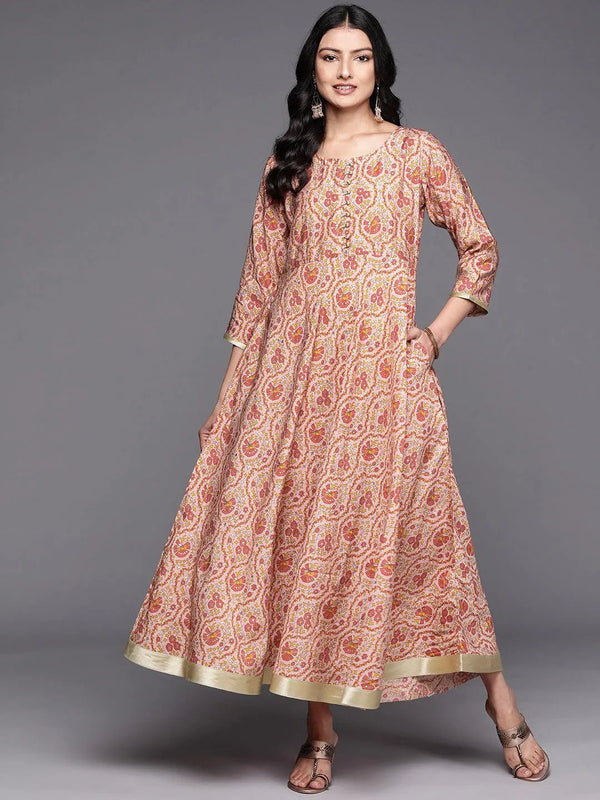 Peach Printed Silk Fit and Flare Dress - Jashvi