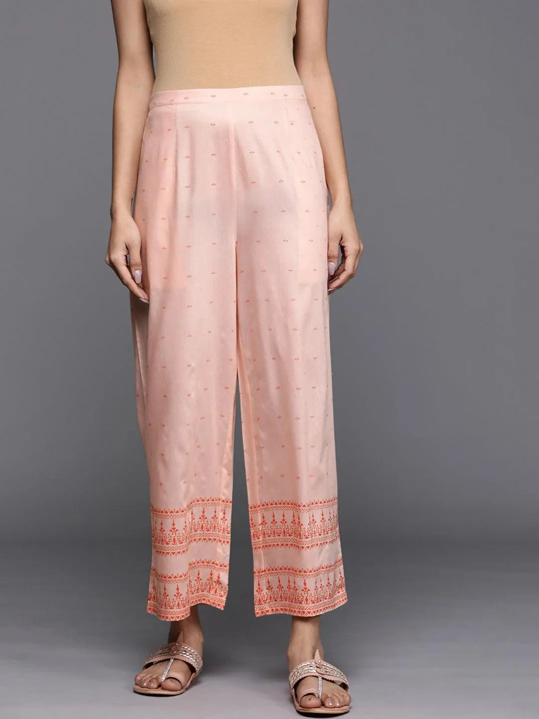 Peach Printed Silk Palazzos - Jashvi