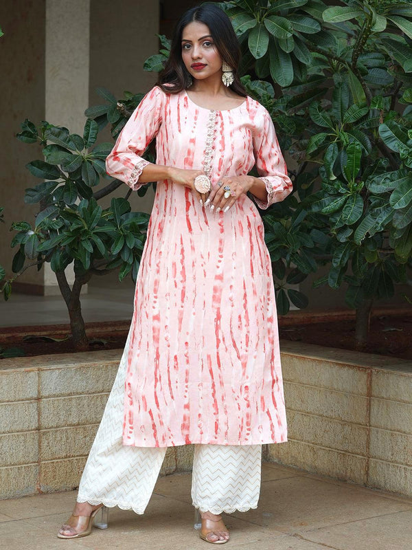 Peach Printed Silk Straight Kurta - Jashvi