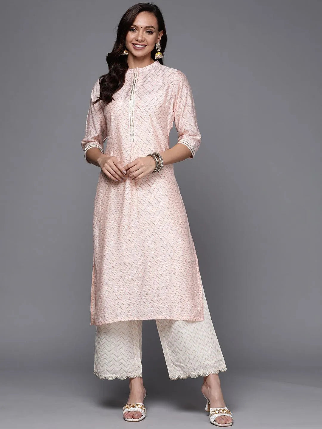 Peach Printed Silk Straight Kurta - Jashvi