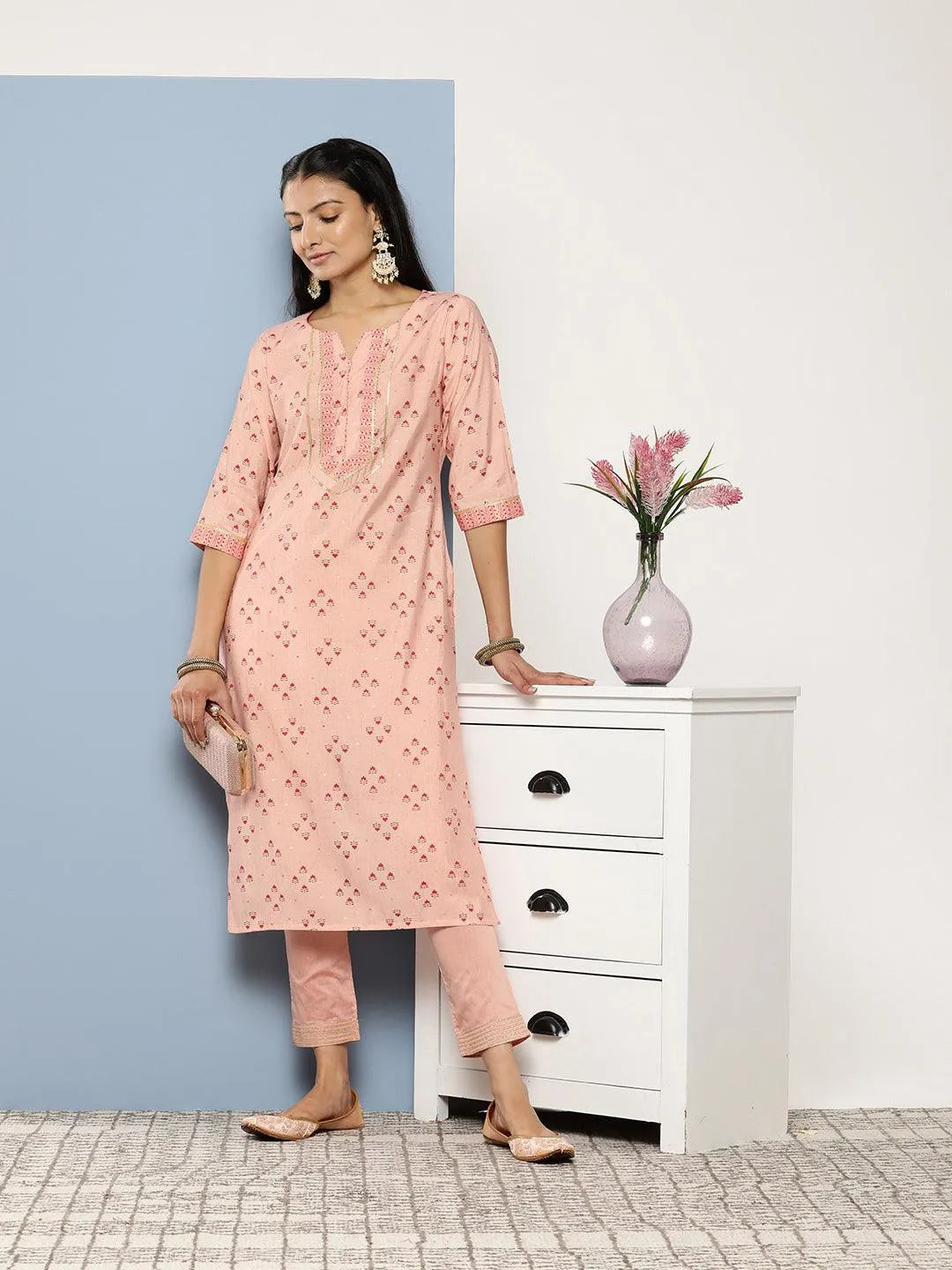 Peach Printed Silk Straight Kurta - Jashvi