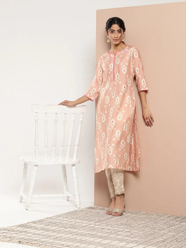 Peach Printed Silk Straight Kurta - Jashvi