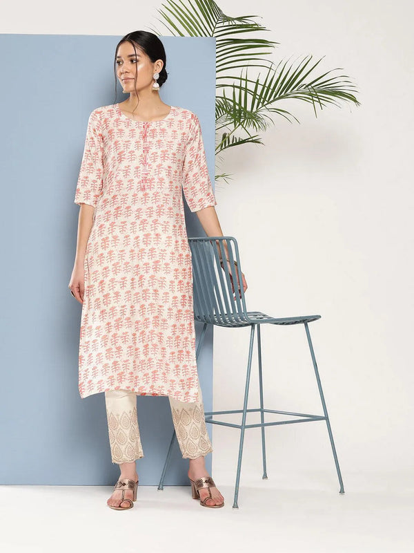 Peach Printed Silk Straight Kurta - Jashvi