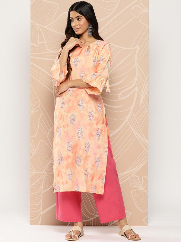 Peach Printed Silk Straight Kurta - Jashvi