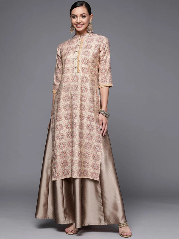 Peach Printed Silk Straight Kurta - Jashvi