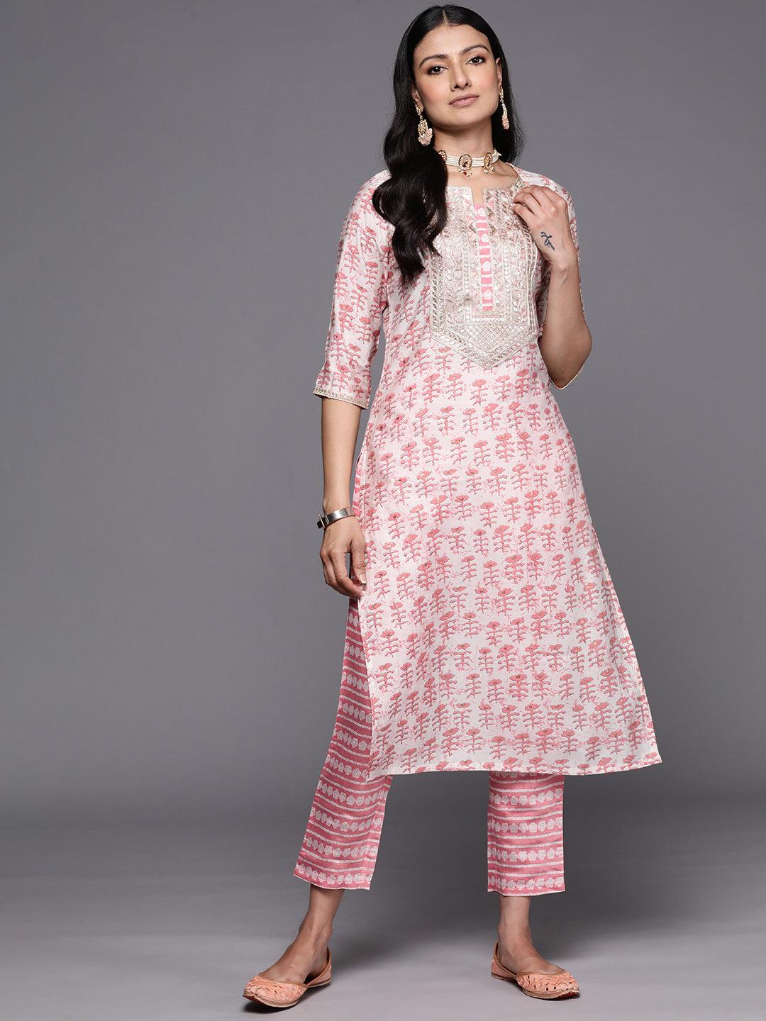 Peach Printed Silk Straight Kurta Set With Trousers - Jashvi