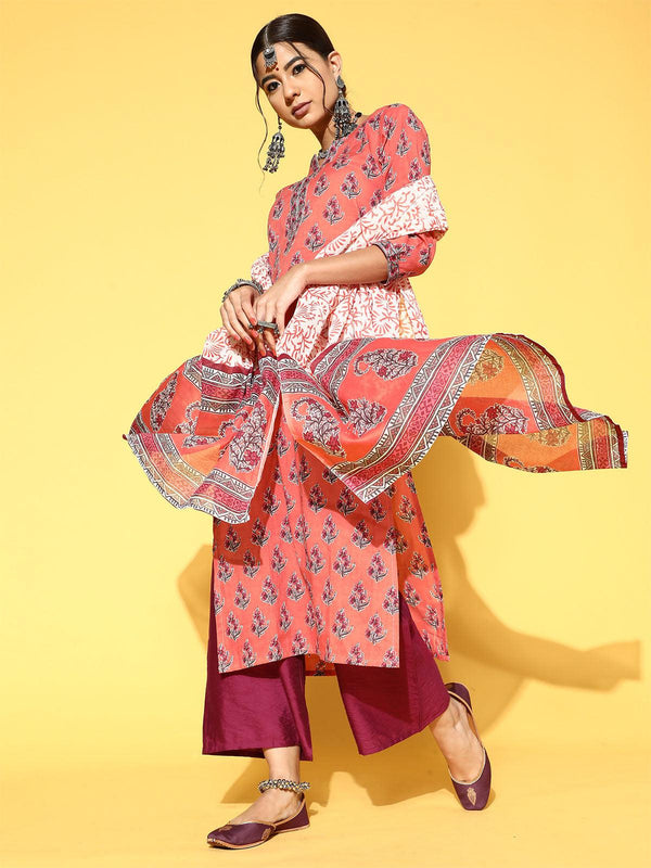 Women's Peach Printed Straight Kurta Palazzo With Dupatta Set - Odette