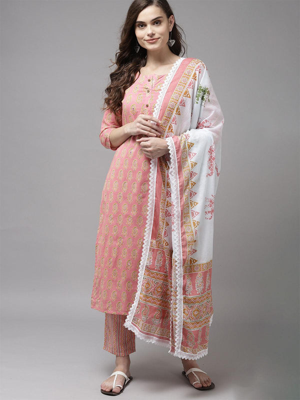 Women's Peach Printed Straight Trouser Kurta With Dupatta Set - Odette