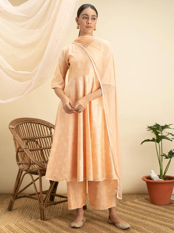 Peach Printed Tusaar Silk Suit Set - Jashvi