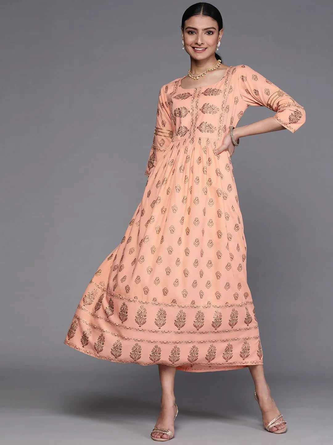 Peach Printed Viscose Rayon Dress - Jashvi