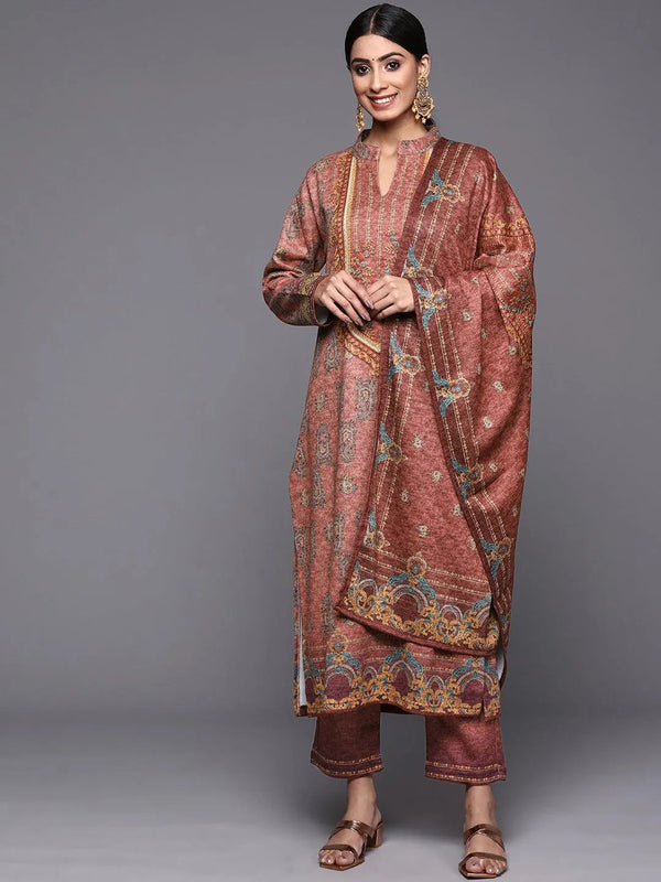 Peach Printed Wool Straight Suit Set - Jashvi