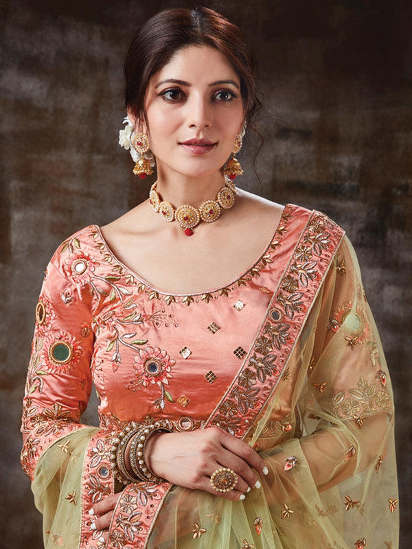 Women's Peach Satin Silk Designer Lehenga Choli - Odette