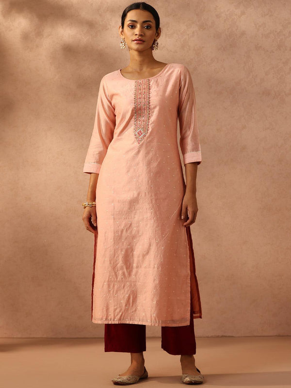 Peach Embellished Chanderi Silk Straight Kurta - Jashvi