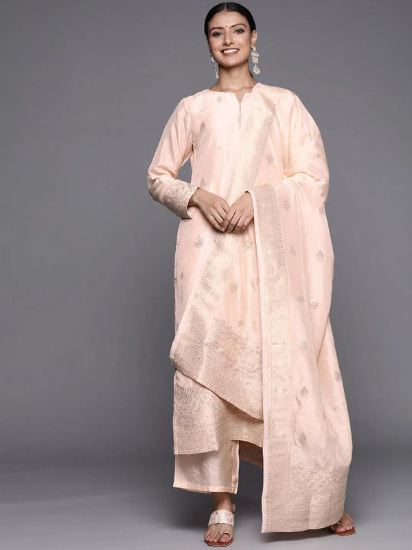 Peach Self Design Chanderi Silk Straight Suit Set - Jashvi