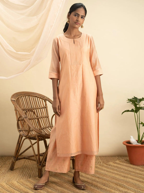 Peach Self Design Chanderi Silk Kurta Set - Jashvi