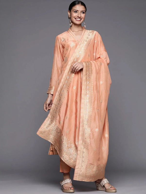 Peach Self Design Chanderi Silk Straight Suit Set - Jashvi