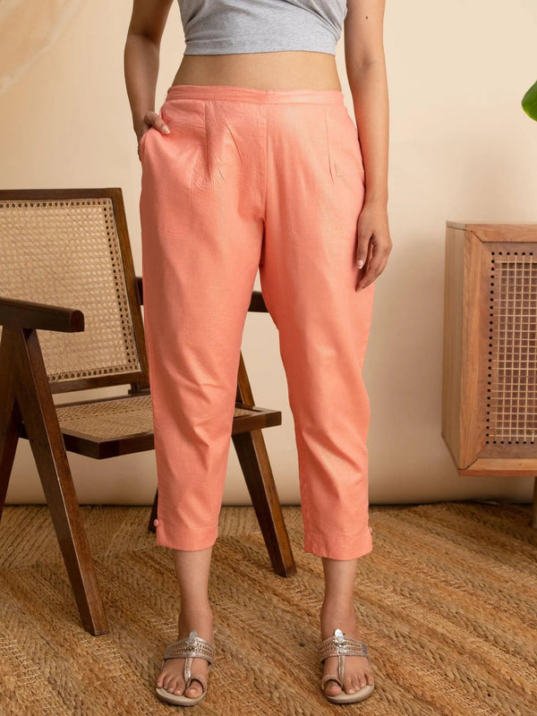 Peach Self Design Cotton Trousers - Jashvi