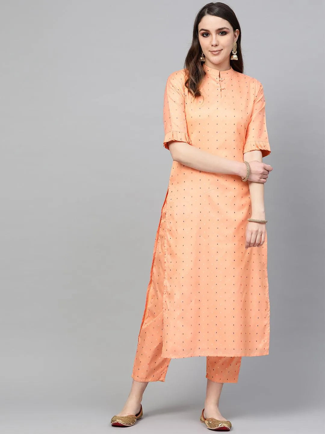 Peach Self Design Polyester Kurta Set - Jashvi