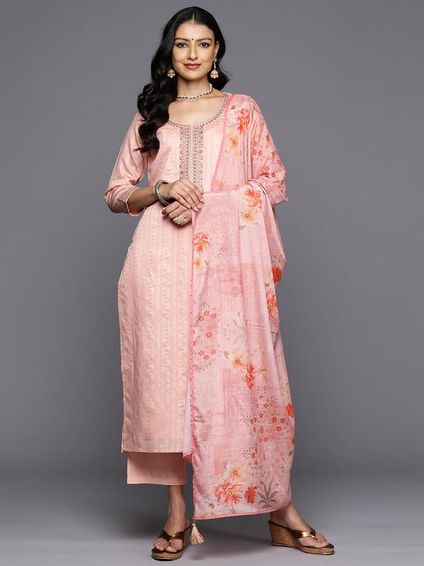 Peach Self Design Rayon Straight Kurta With Trousers & Dupatta - Jashvi