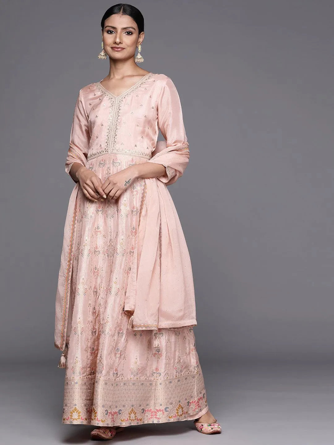 Peach Self Design Silk Anarkali Suit Set - Jashvi