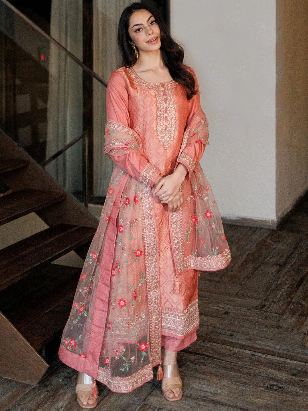 Peach Self Design Silk Blend Straight Suit Set - Jashvi