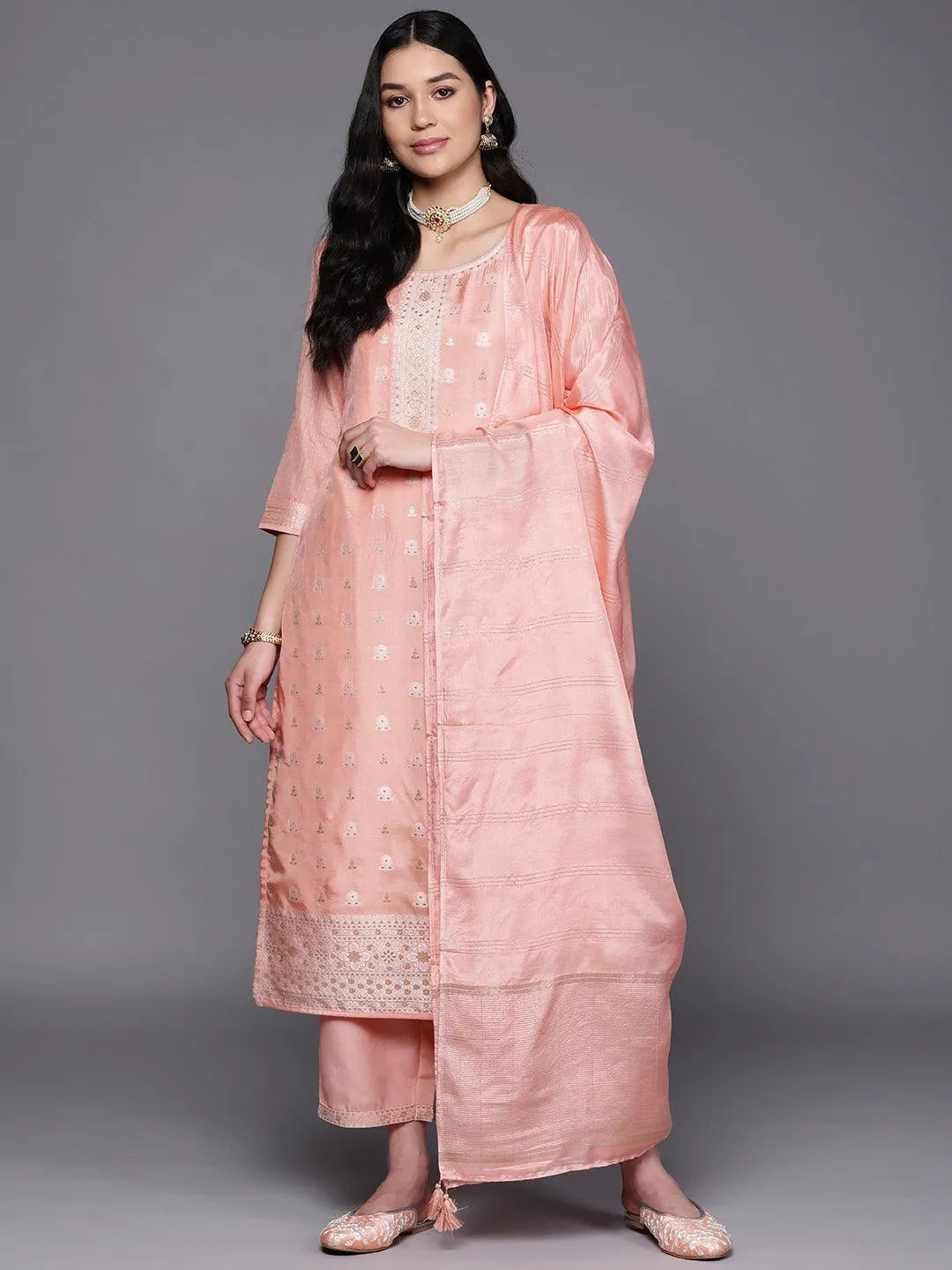 Peach Self Design Silk Blend Suit Set With Trousers - Jashvi