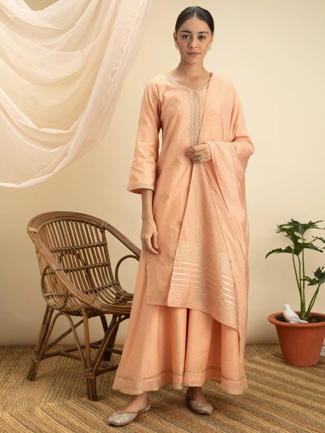 Peach Self Design Silk Suit Set - Jashvi