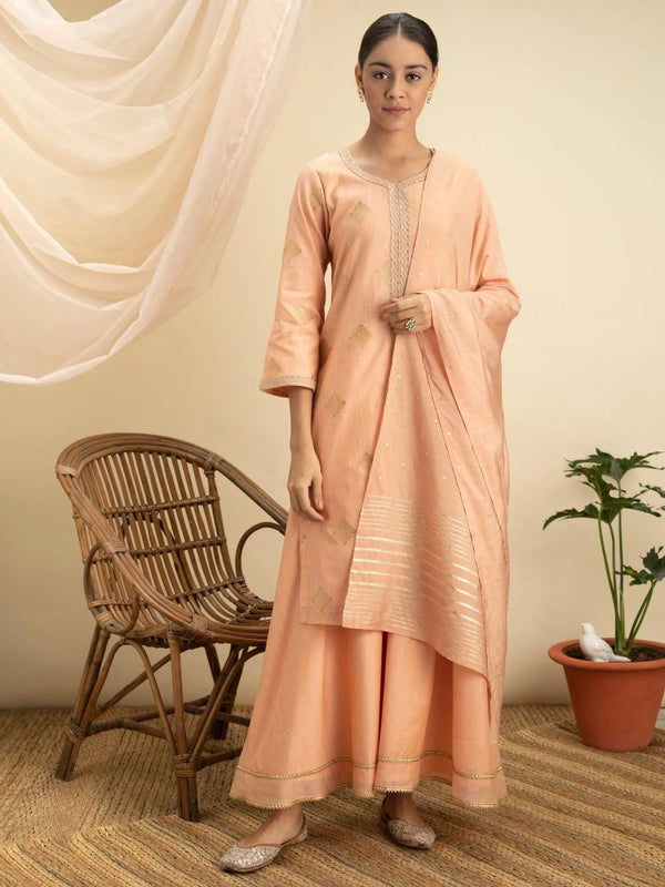 Peach Self Design Silk Suit Set - Jashvi