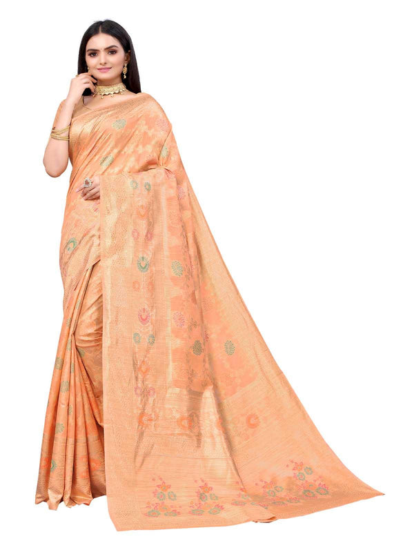 Women's Peach Silk Blend Woven Design Saree With Blouse - Odette