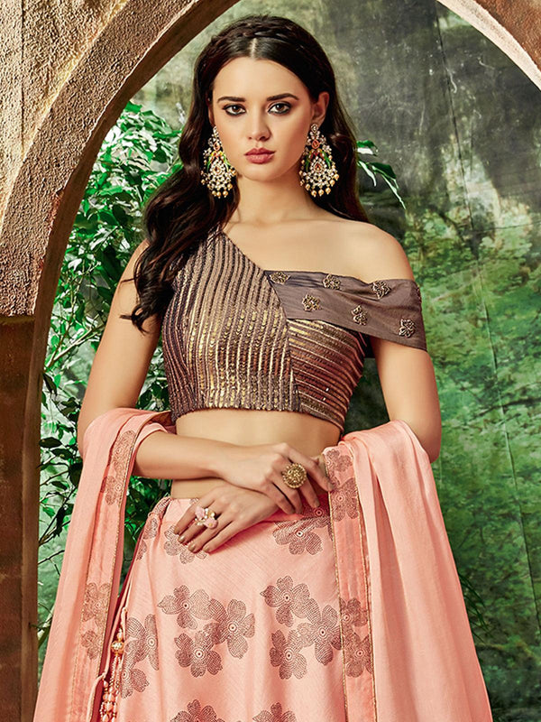 Women's Peach Silk Net Designer Lehenga Choli - Odette