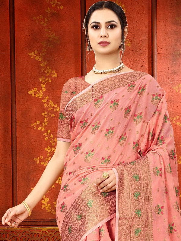 Women's Peach Soft Cotton Silk Heavy Copper Zari Meenakari Weave Designer Saree - Odette