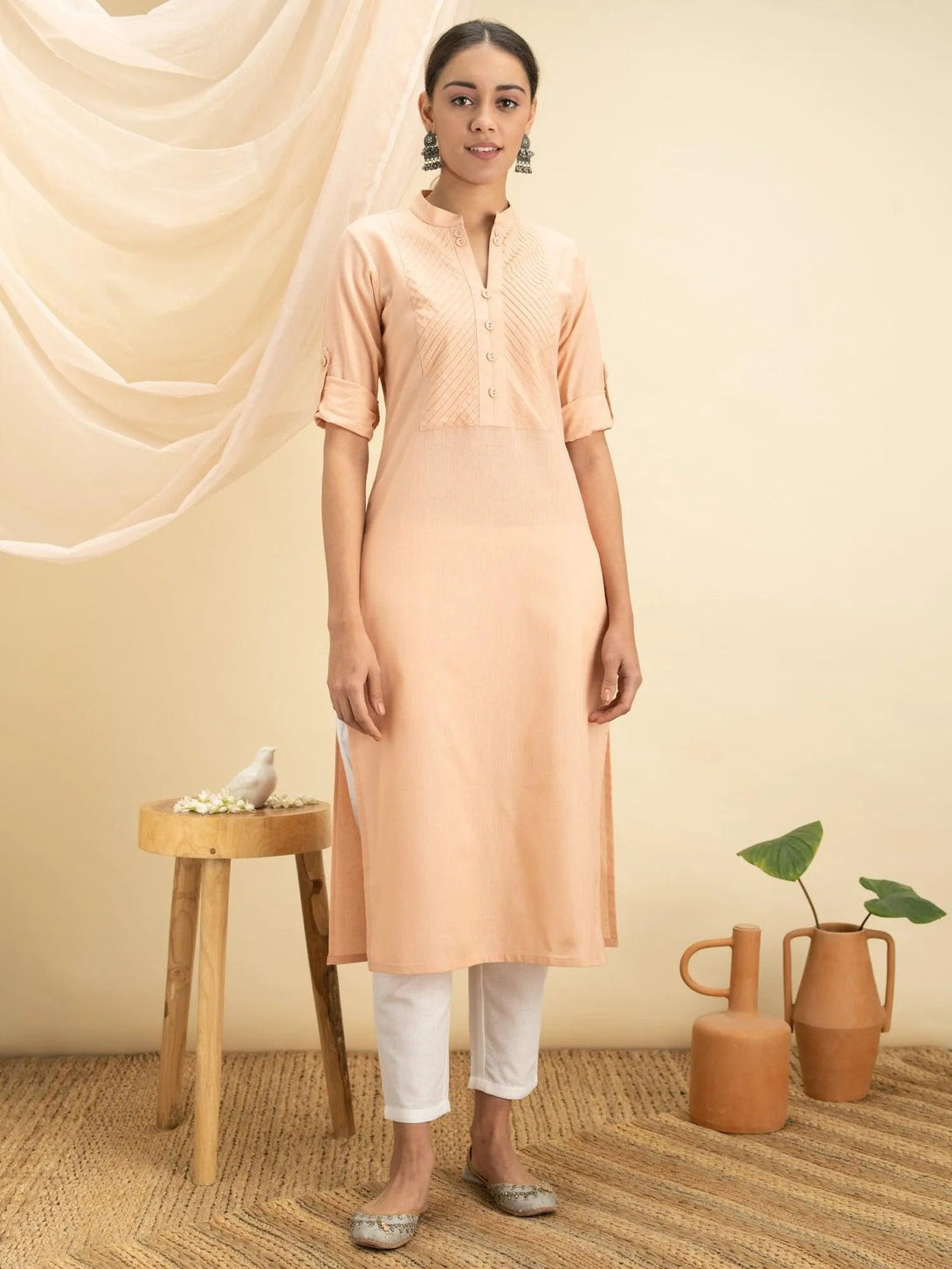 Peach Solid Cotton Kurta - Jashvi