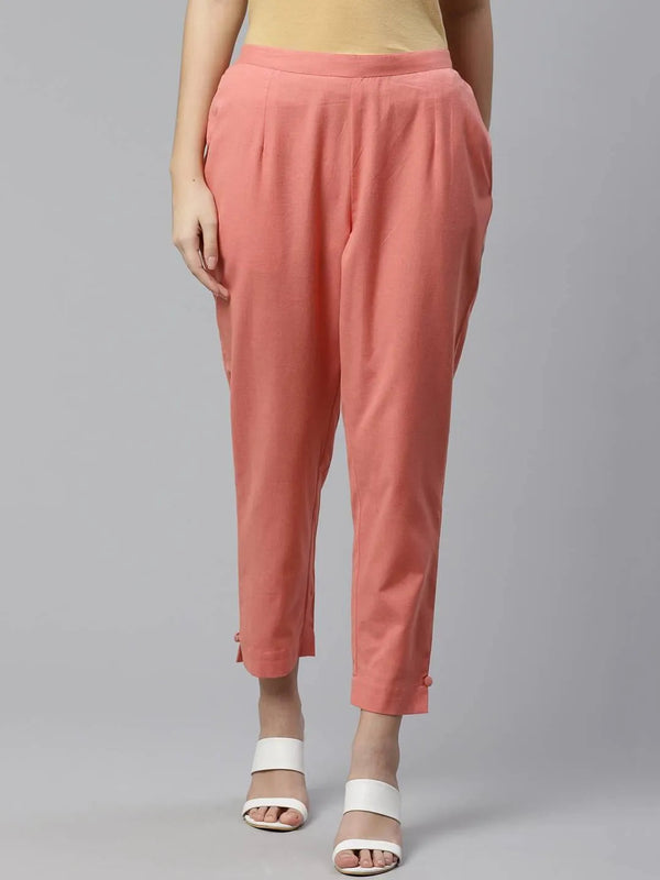 Peach Solid Cotton Trousers - Jashvi