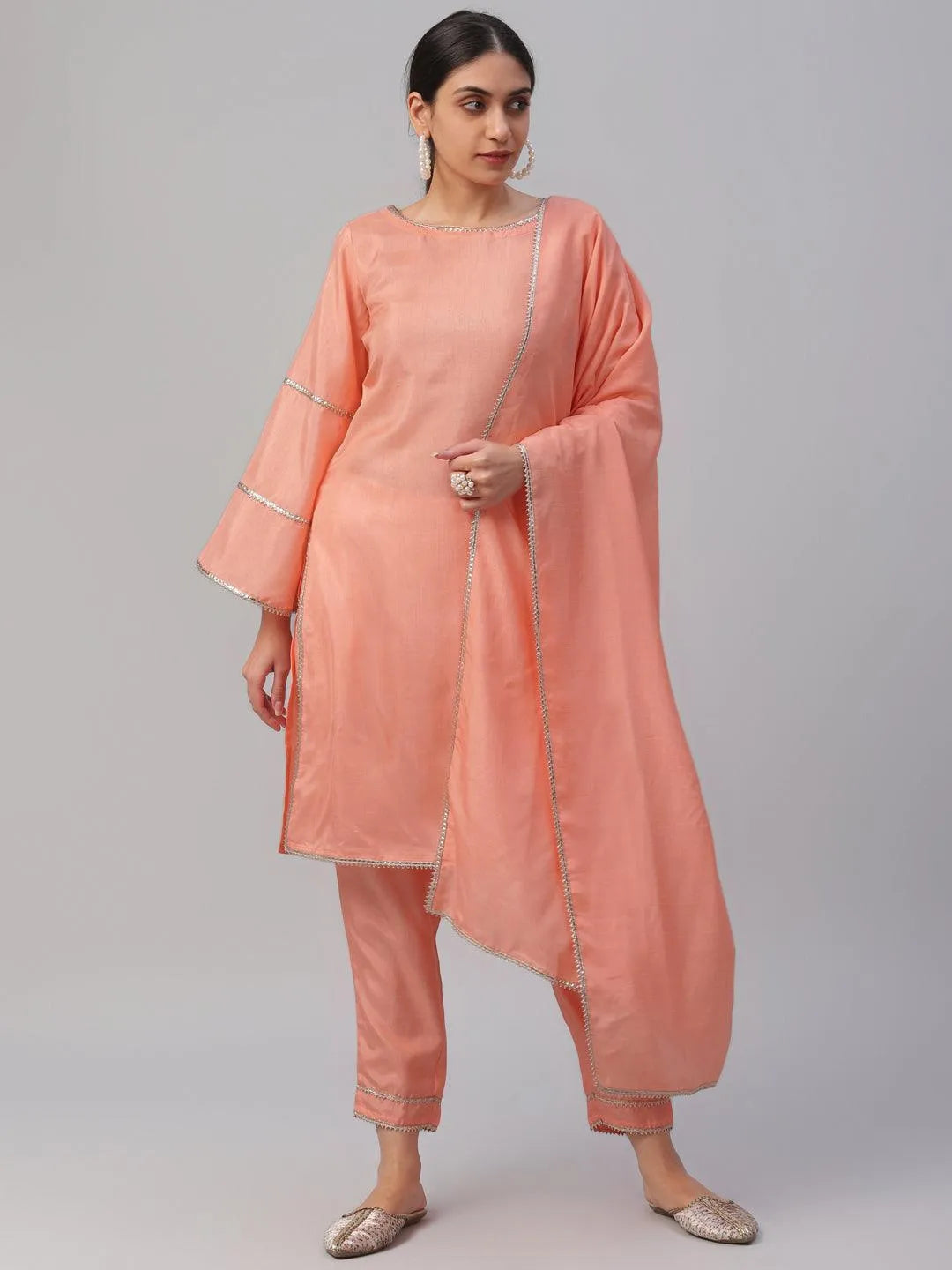 Peach Solid Polyester Suit Set - Jashvi