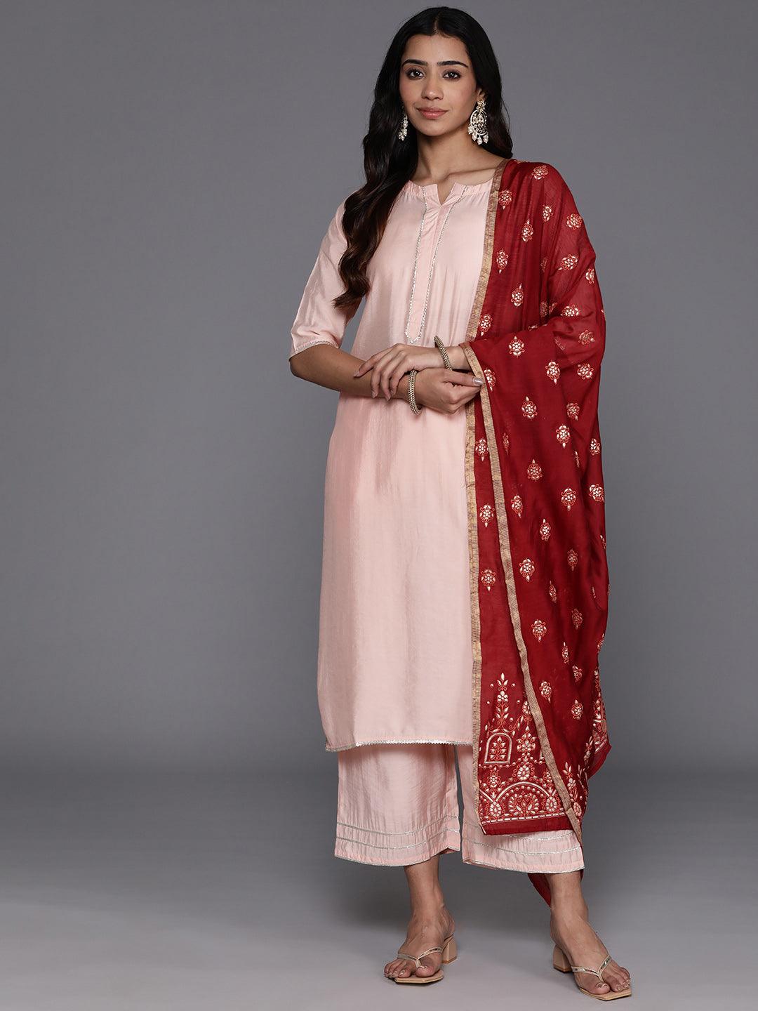 Peach Solid Silk Blend Straight Kurta With Palazzos & Dupatta - Jashvi