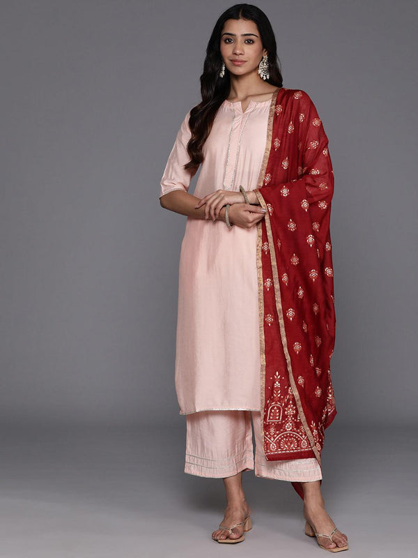 Peach Solid Silk Blend Straight Kurta With Palazzos & Dupatta - Jashvi