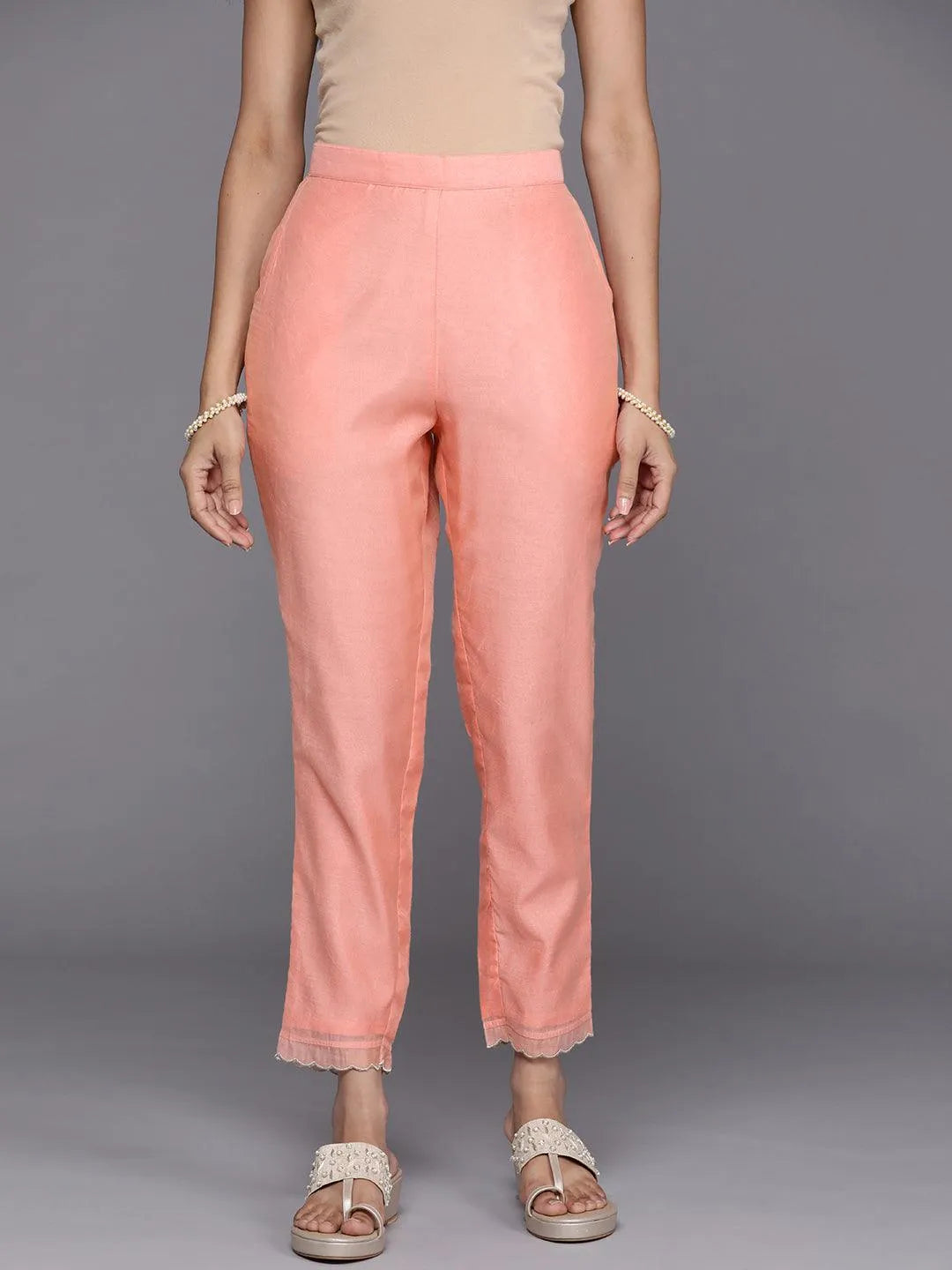 Peach Solid Silk Trousers - Jashvi